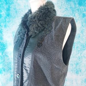 VTG 80s Lorraine Wardy Green Faux Fur Denim Vest